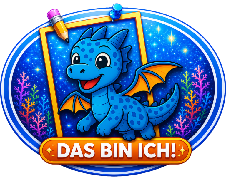 Luchino Bunter Drache mit blauen Schuppen und orangenen Flügeln, umrahmt von einem Rahmen.