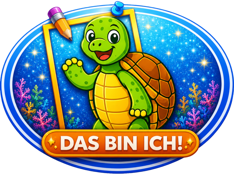 Eine fröhliche Schildkröte mit einem Bleistift, umgeben von bunten Korallen.