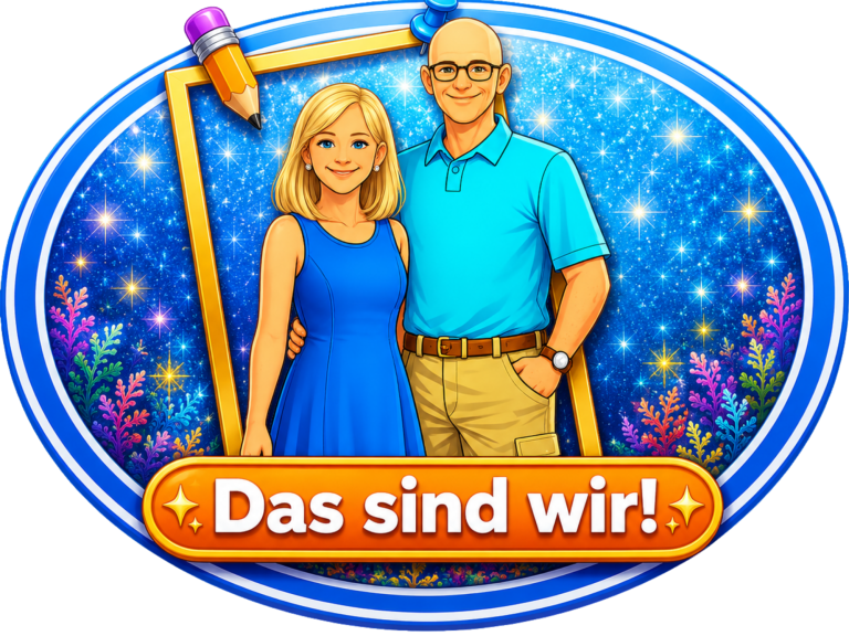 Ein Paar steht zusammen in einem bunten, künstlerischen Rahmen mit dem Text "Das sind wir!".