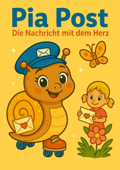 Pia die Post-Schnecke mit Mütze und Lara mit Briefen auf gelbem Hintergrund.