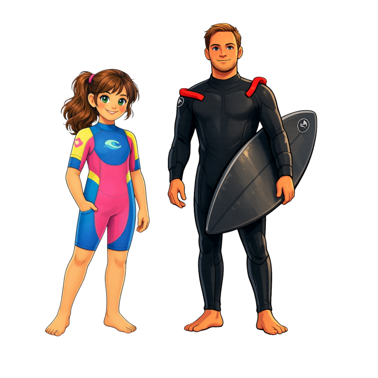 Ein Junge und ein Mädchen in Surferanzügen, bereit zum Surfen am Strand.