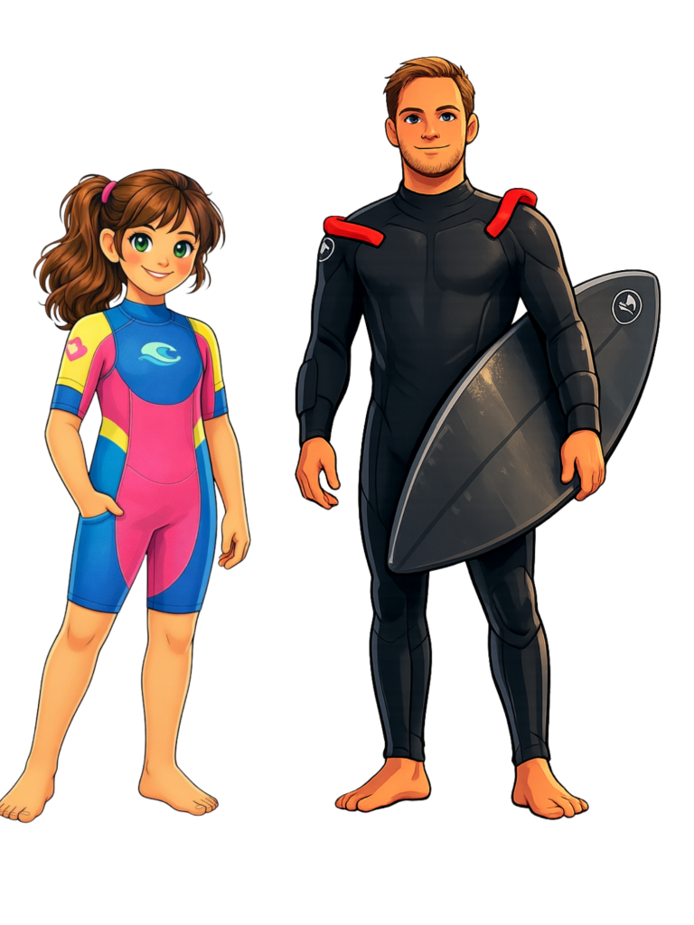 Mädchen in einem bunten Surferanzug und Mann in einem schwarzen Neo mit Surfbrett.