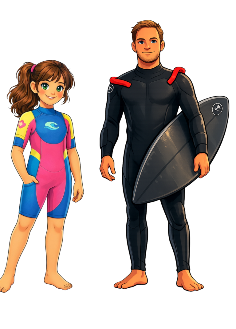 Mädchen in Bademode und Junge in Neoprenanzug mit Surfbrett.