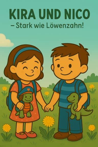 Kira und Nico halten Hände, umgeben von Natur, mit Spielzeug in der anderen Hand.