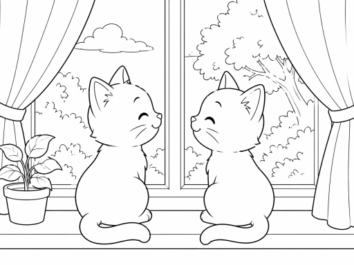 Zwei Katzen sitzen am Fenster und schauen sich an, mit einer Pflanze im Topf daneben.