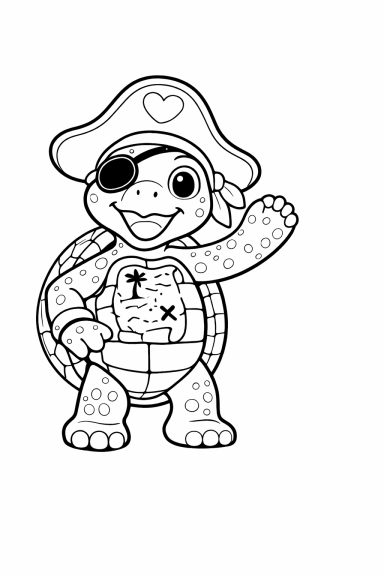 Ausmalbild einer fröhlichen Piratenschildkröte mit Augenklappe und Hut, die winkt.
