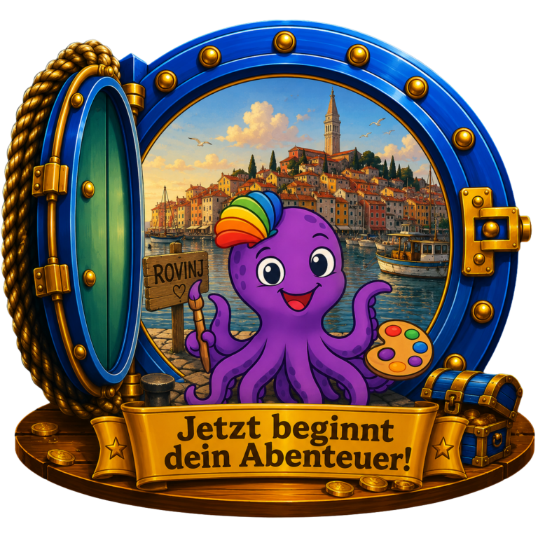 Bunter Oktopus mit Farbpalette vor einer Stadtansicht, "Jetzt beginnt dein Abenteuer!"