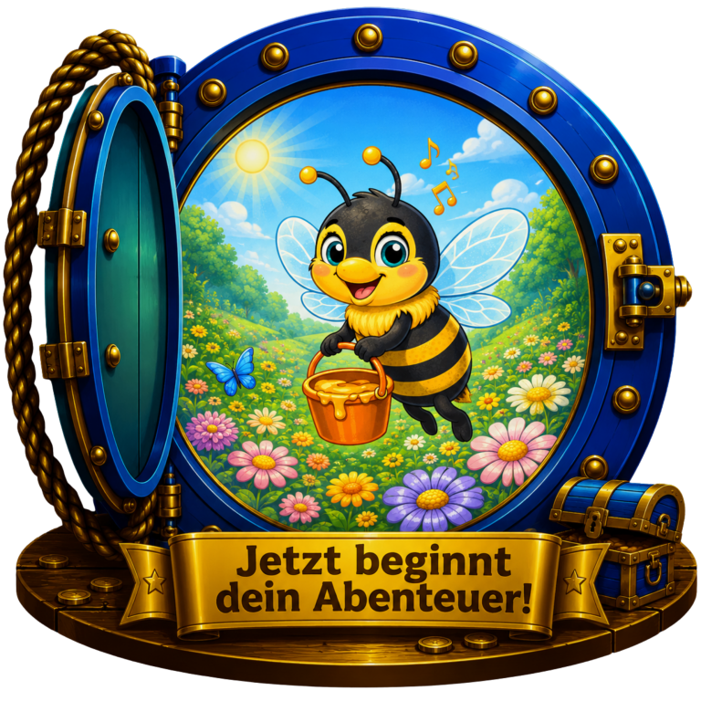 Biene mit Honigtopf vor blühendem Garten, darunter steht "Jetzt beginnt dein Abenteuer!"