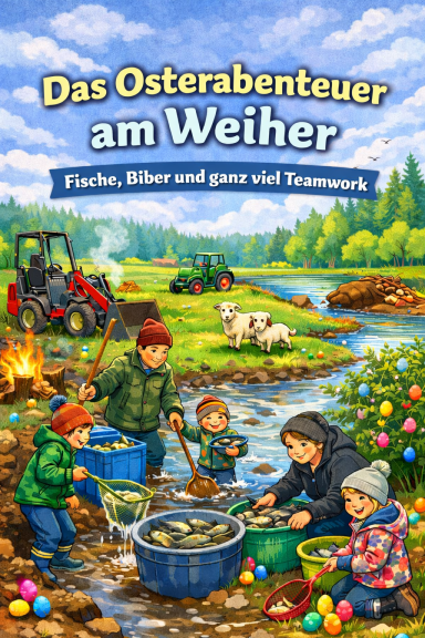 Kinder fangen Fische am Weiher, umgeben von Blumen und bunten Ostereiern.