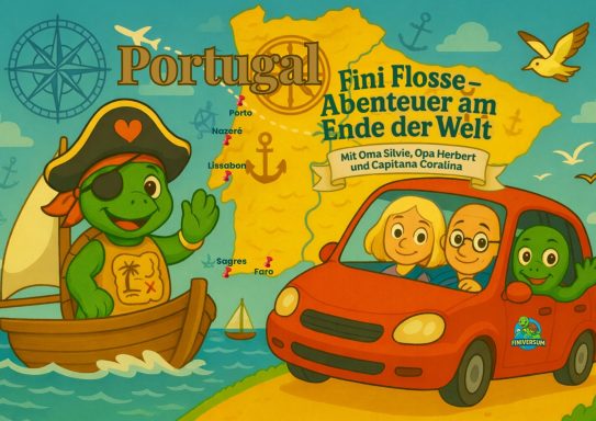 Eine grüne Schildkröte in einem Piraten-Outfit fährt mit zwei Personen in einem roten Auto.