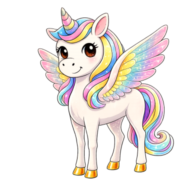 Buntes, geflügeltes Einhorn mit glitzerndem Horn und fröhlichem Gesicht.