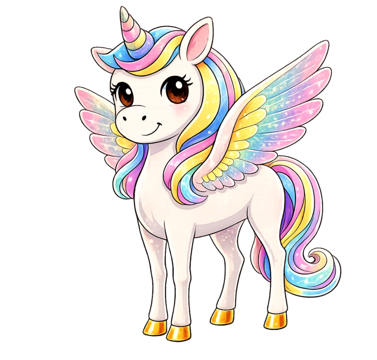 Ein farbenfrohes, süßes Einhorn mit Regenbogenmähne und goldenen Hufen.