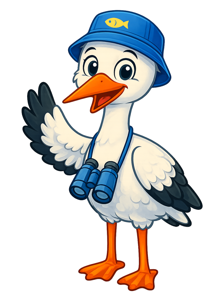 Ein lächelnder Storch mit einem blauen Hut und Fernglas.