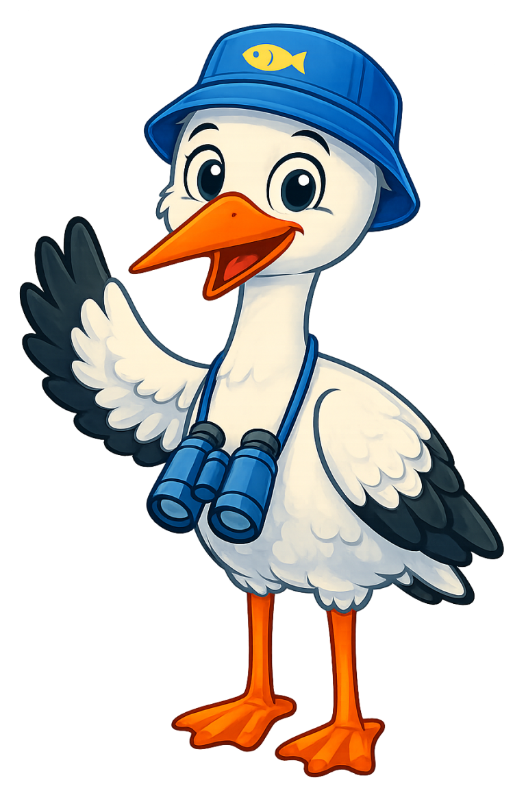 Ein fröhlicher Storch trägt einen blauen Hut und Fernglas und winkt.
