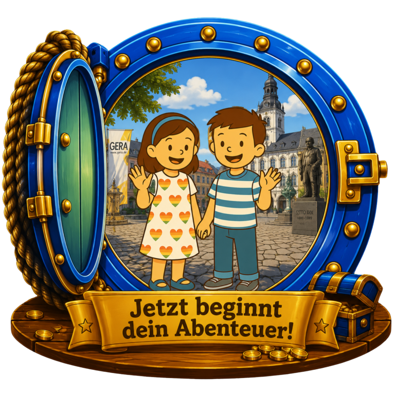 Jetzt beginnt Dein Abenteuer! Zwei Kinder stehen lächelnd vor einem Portal mit dem Text „Jetzt beginnt dein Abenteuer!“