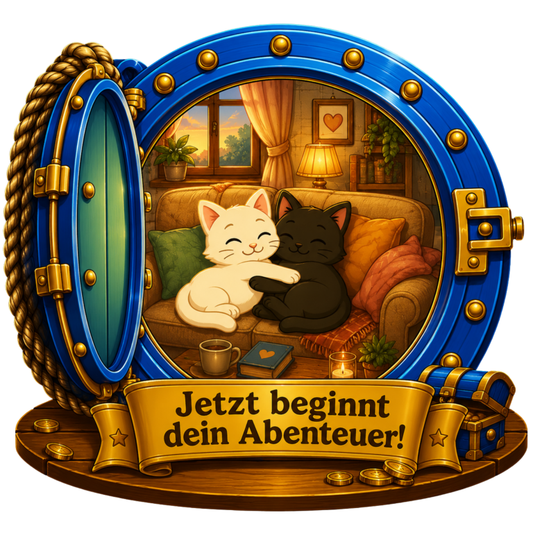 Zwei Katzen, eine weiße und eine schwarze, umarmen sich in einem gemütlichen Raum.