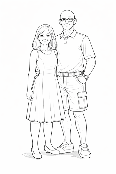 Ein Paar steht zusammen, lächelnd, in lässiger Kleidung. Sie sind cartoonhaft dargestellt.