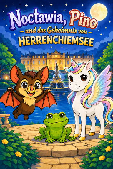 Noctawia, Pino und das Geheimnis von Herrenchiemsee Noctawia, ein Fledermaus, Pino, ein Einhorn, und ein Frosch vor einem Schloss am Herrenchensee.