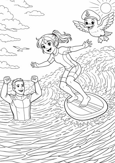 Ein Mädchen surft auf einer Welle, während ein Junge jubelt und ein Vogel fliegt.