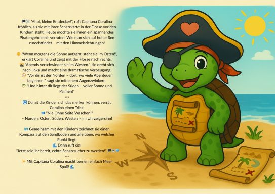 Capitana Coralina, die Piratenschildkröte, winkt am Strand, mit Schatzkarte und Sonne.