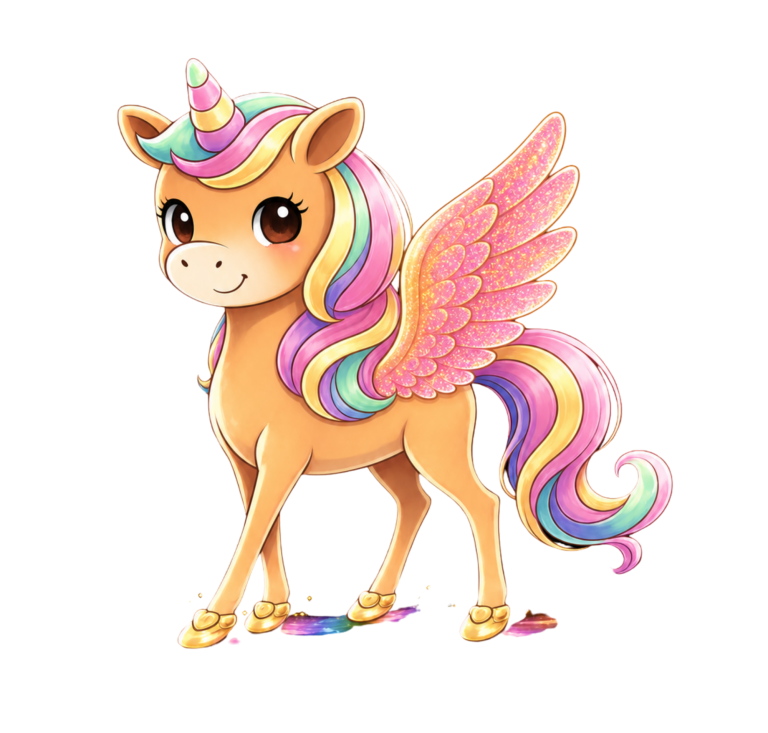 Pino, das Einhorn Ein farbenfrohes, süßes Einhorn mit Regenbogenmähne und goldenen Hufen.