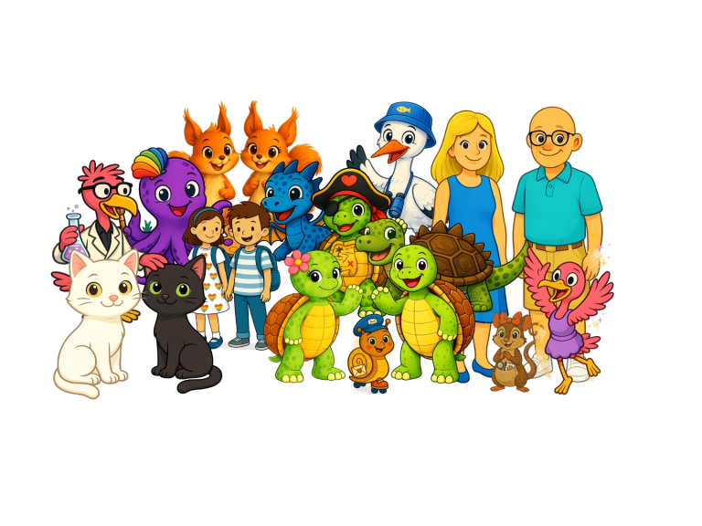 Gruppenszene mit fröhlichen Schildkröten, Kindern und einem älteren Paar am Strand.