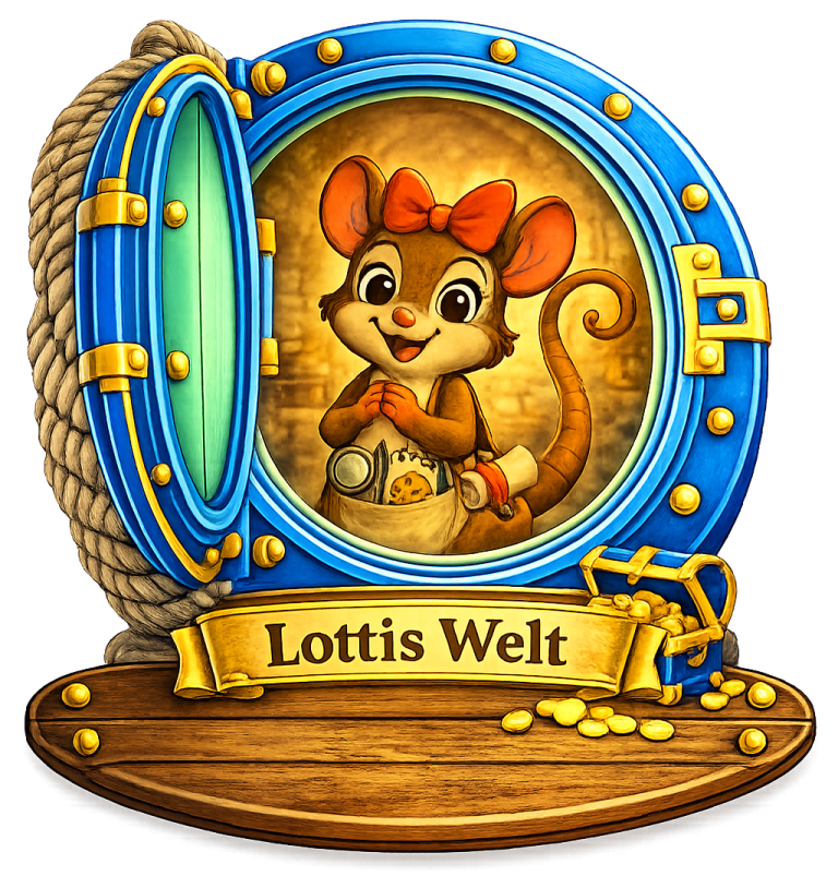 Logo von Lottis Welt mit einer lächelnden Maus, die Geldmünzen hält.