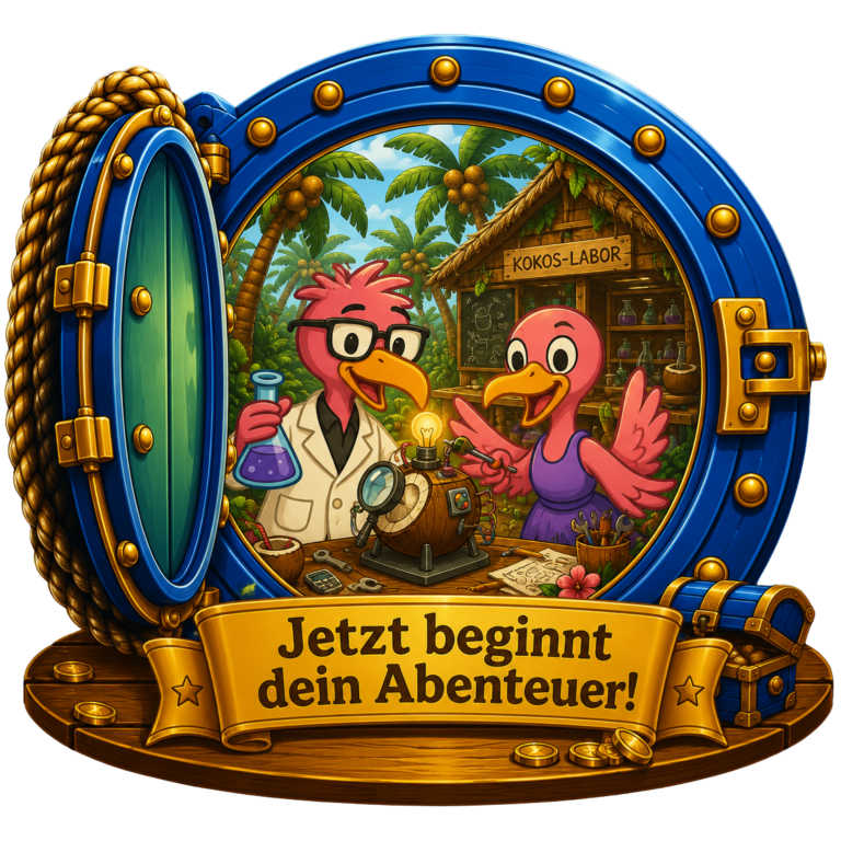 Zwei bunte Vögel in tropischer Umgebung laden zu einem Abenteuer ein.