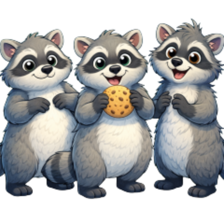 Drei niedliche Waschbären, einer hält einen Keks, alle lächeln freundlich.