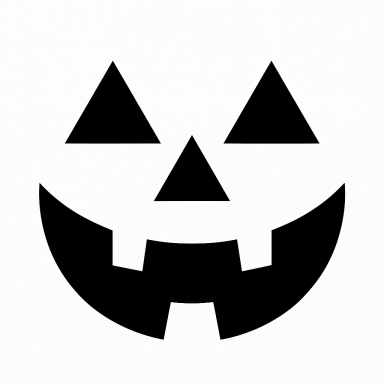 Schwarze Kürbisgesichts-Illustration mit zwei dreieckigen Augen und breitem Grinsen.
