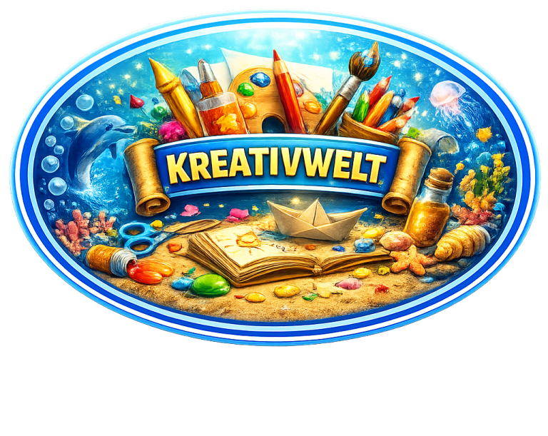 Bunte Unterwasserwelt mit Kunstmaterialien und dem Schriftzug "Kreativwelt".