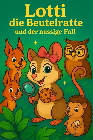 Lotti die Beutelratte mit Freunden in einem bunten, verspielten Design.