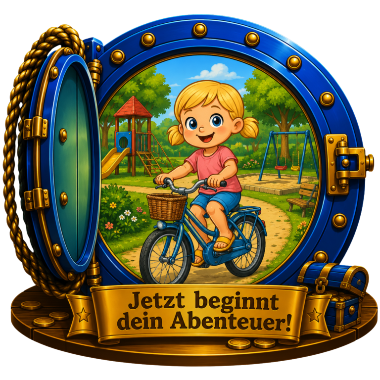 Jetzt beginnt Dein Abenteuer! EinMädchen fährt auf einem Fahrrad in einem bunten Spielplatzumfeld.