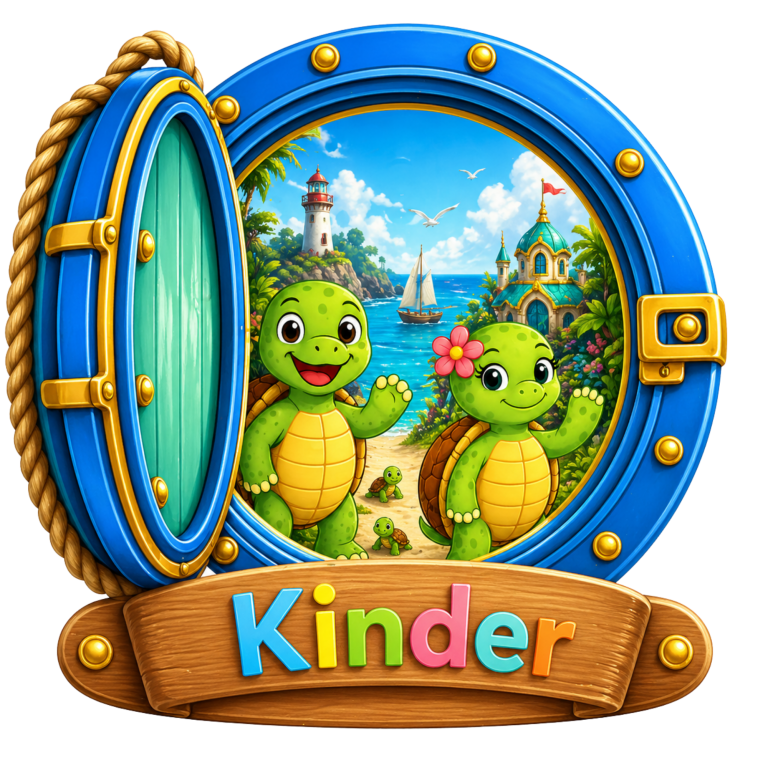 Zwei fröhliche Schildkröten schauen durch ein Bullauge auf einen Strand und ein Schiff.