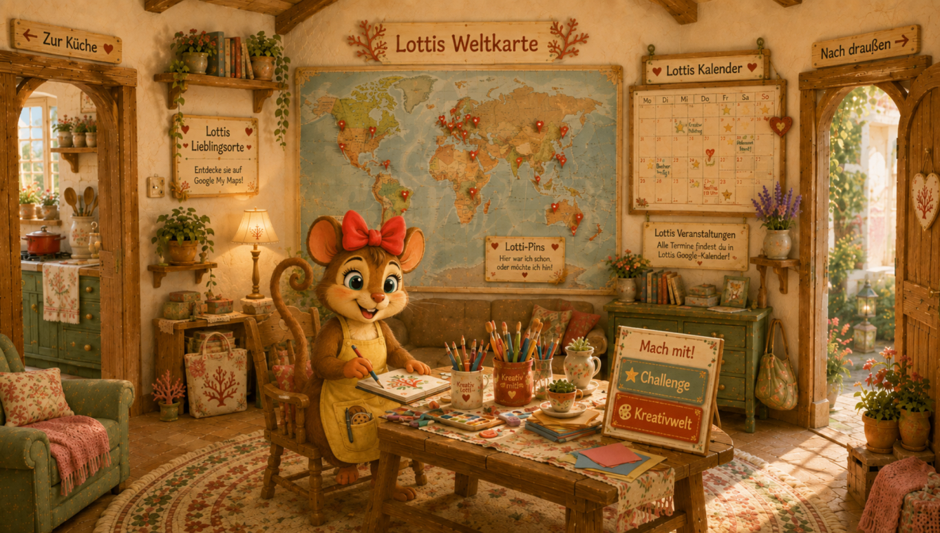 Lottis Wohnzimmer Lotti sitzt am Wohnzimmertisch und bereitet ganz kreativ neue Dinge fürs Finiversum vor.