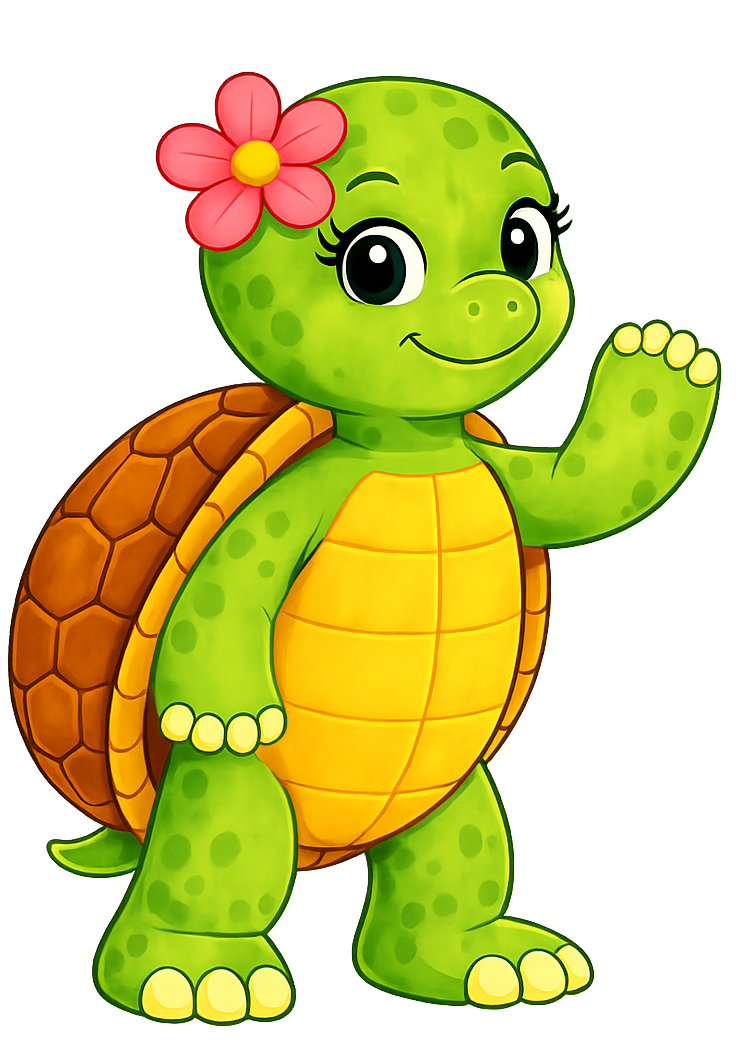 Niedliche grüne Schildkröte mit einer Blume im Haar, die freundlich winkt.