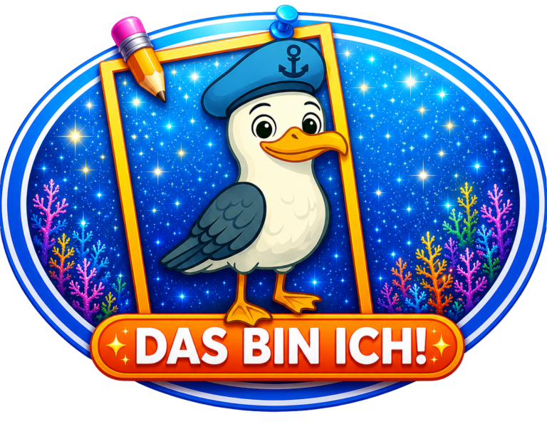 Das bin ich! Ein Cartoon-Seemöwe in Kapitänsmütze mit bunter Unterwasserlandschaft im Hintergrund.