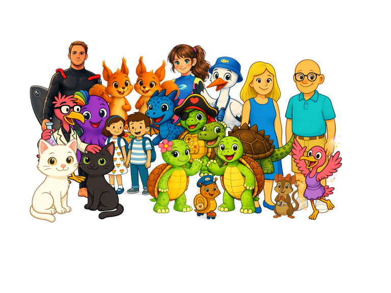 Finis Freunde Gruppenszene mit fröhlichen Schildkröten, Kindern und einem älteren Paar am Strand.