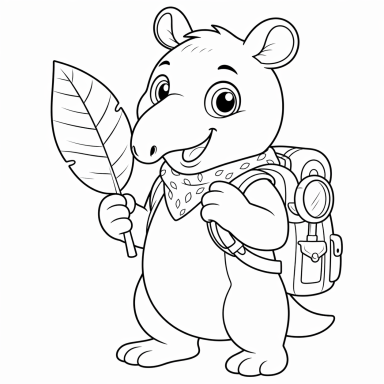 Ein fröhlicher Tiercharakter mit Rucksack und Blatt in der Hand.