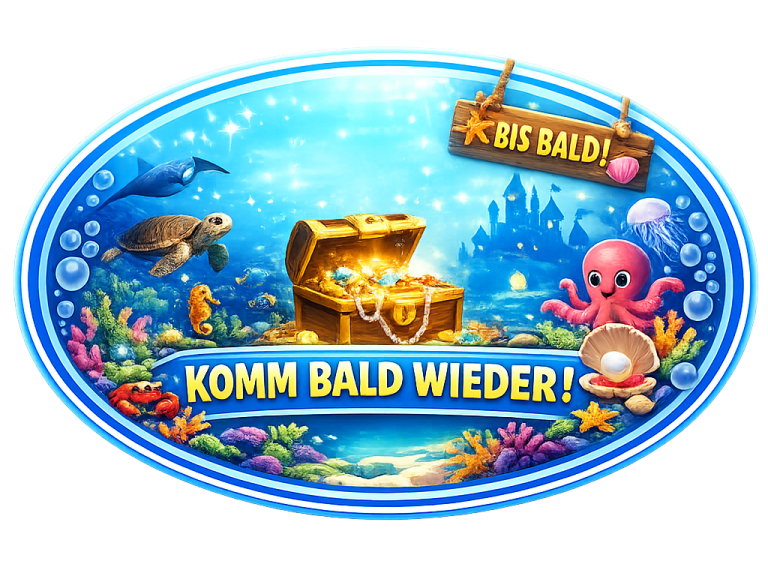 Bunte Unterwasserwelt mit Schatztruhe, Schild und Meeresbewohnern.