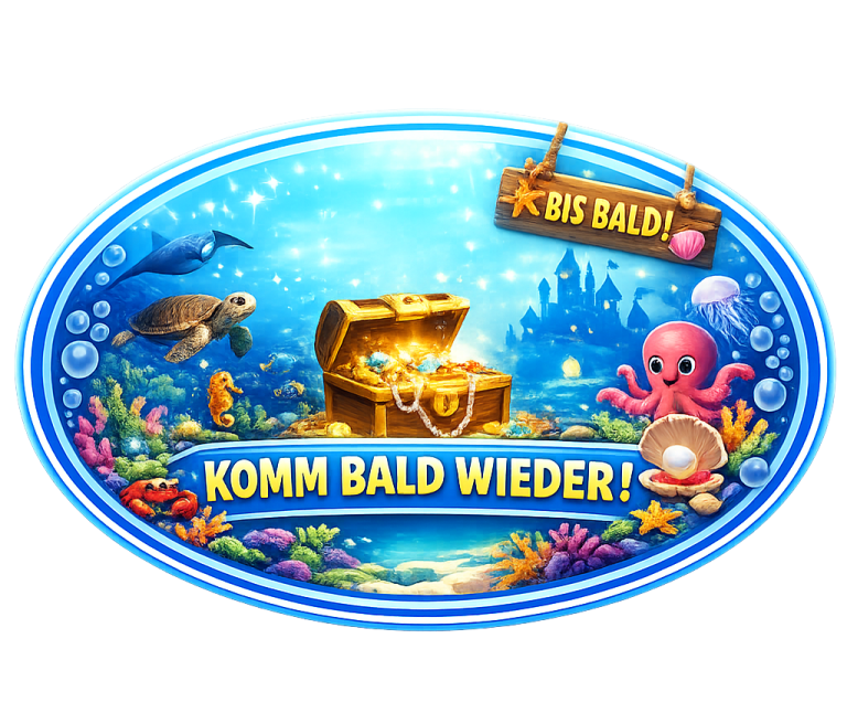 Bunte Unterwasserlandschaft mit Schatztruhe, Schild "Komm bald wieder!" und Meereslebewesen.