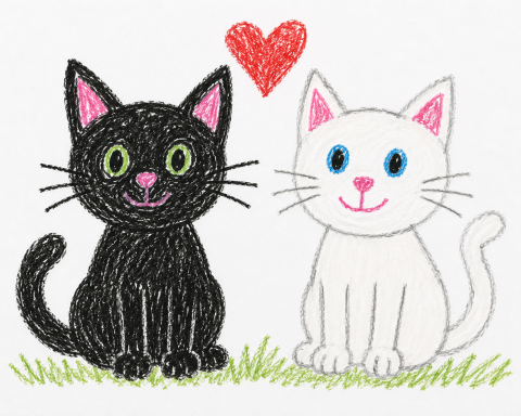 Zwei Katzen, eine schwarze und eine weiße, mit einem roten Herz über ihnen.