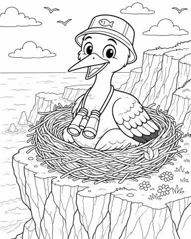 Ein Storch sitzt in einem Nest auf einer Klippe, mit einem Fernglas und einem Hut.