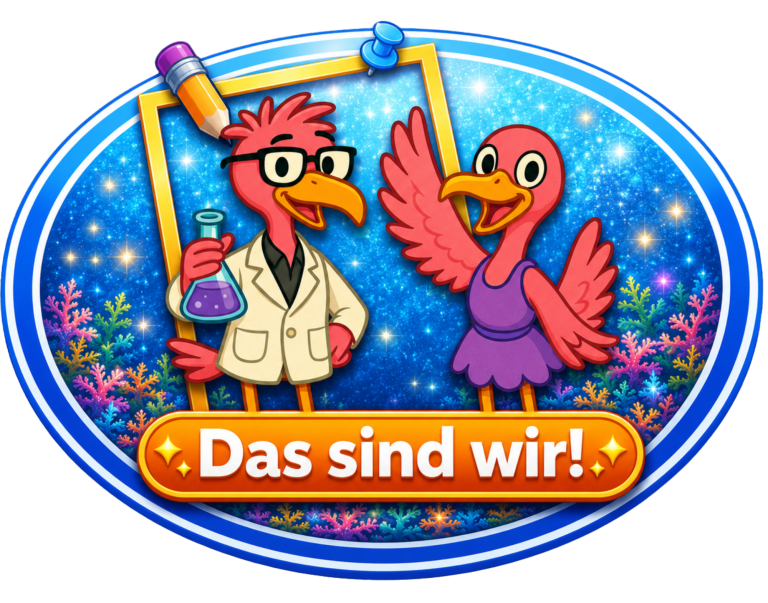 Zwei bunte Vögel, einer im Laborkittel, der andere mit ausgebreiteten Flügeln.