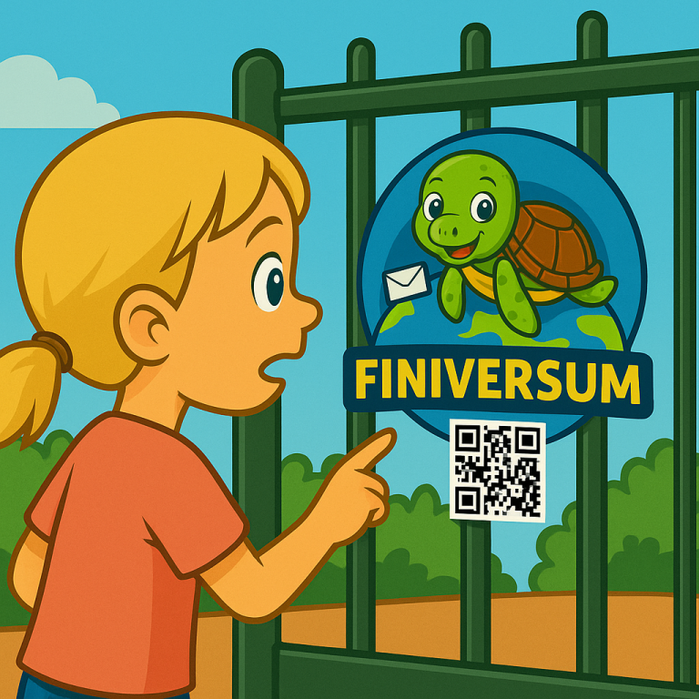 Lara zeigt auf ein Schild von Fini Flosse und der Aufschrift "FINIVERSUM" mit QR Code. Eine erste Spur!