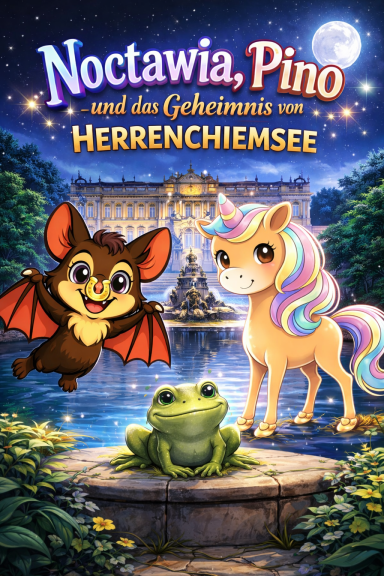 Noctawia, Pino und ein Frosch vor einem Schloss am Herrenchiemsee. Farbig, cartoonhaft.