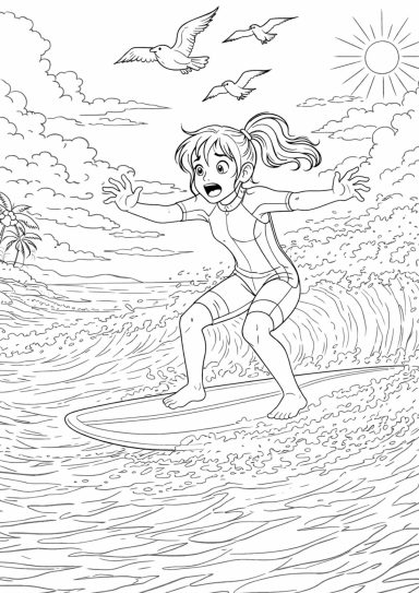 Mädchen surft auf einem Brett, umgeben von Wellen und fliegenden Vögeln.