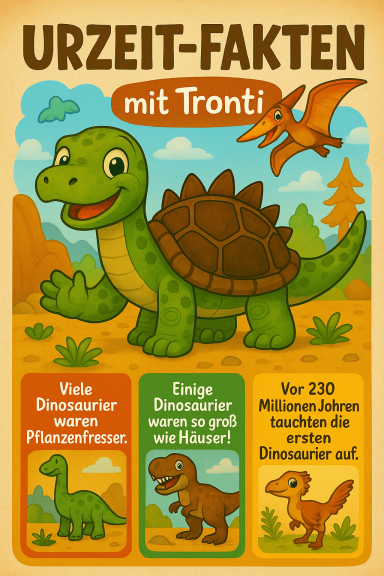 Lustige Illustration von Tronti, einem Dinosaurier, mit Fakten über verschiedene Dinosaurier.