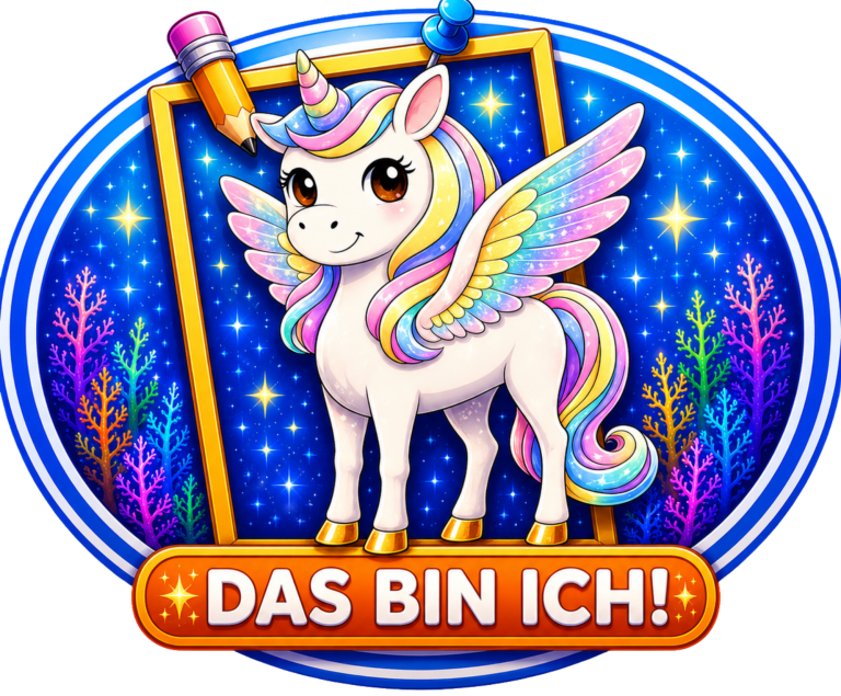 Ein farbenfrohes Einhorn mit Flügeln vor einem leuchtenden, bunten Hintergrund.