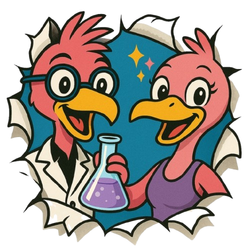 Zerzauster Erfinder-Flamingo mit Schutzbrille & Kokosnuss neben einer glitzernden Flamingo-Dame mit Zauberfedern auf einer bunten Insel